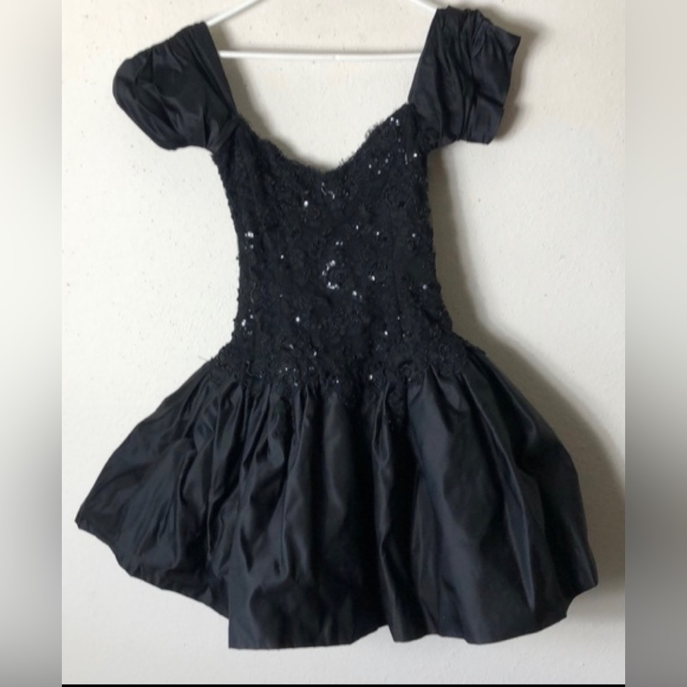 80s Party Dress Black Sequin Dress Midi Prom Puff Sleeve  Small